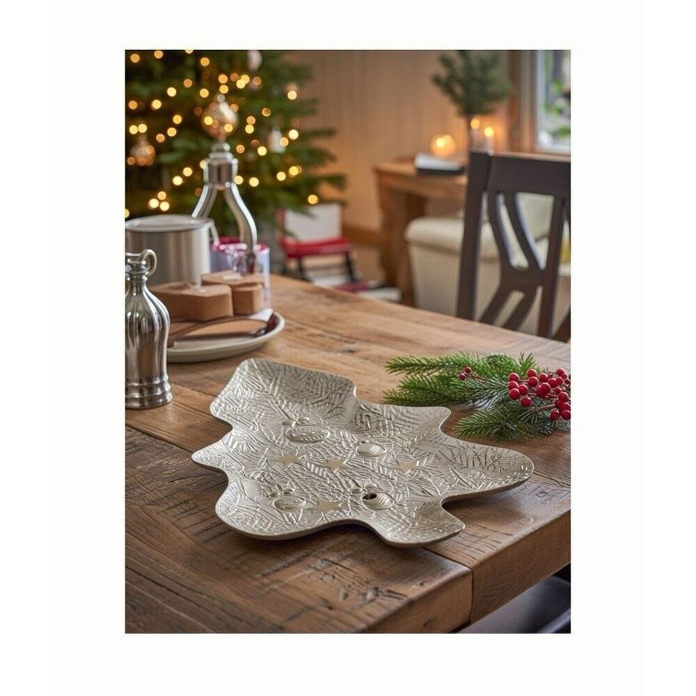AKCAM Turkish Glass Holiday Tree White Serving Plater 15” Height, Christmas